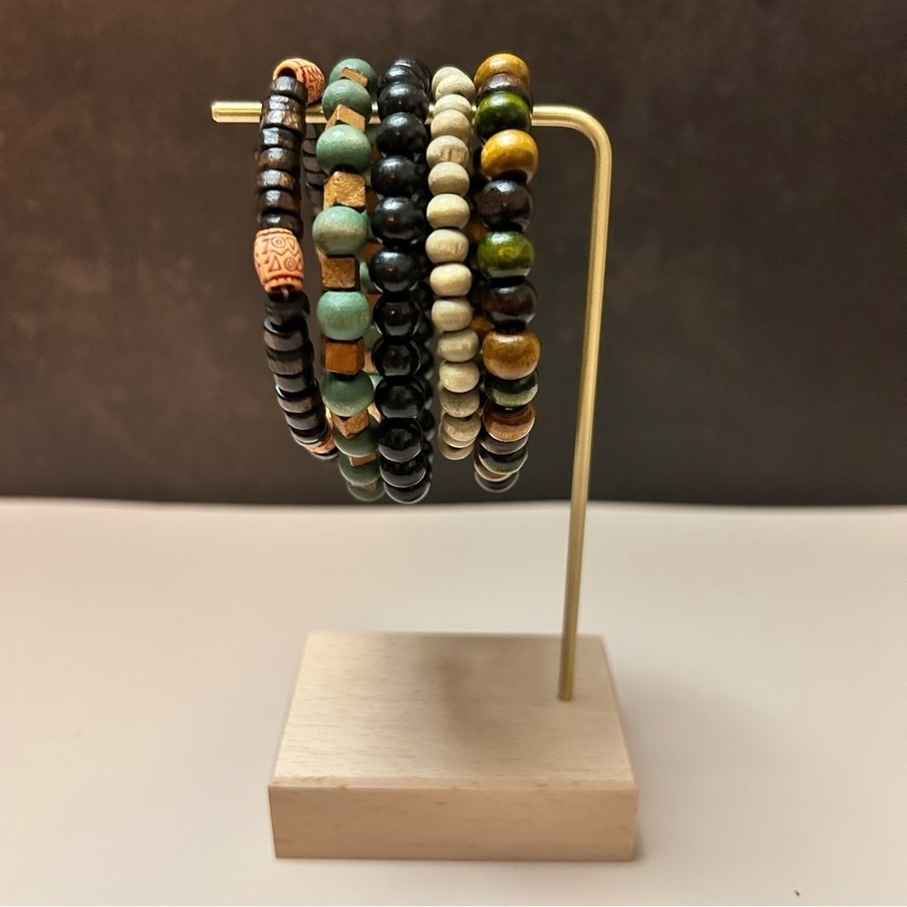 5 Piece Brown Green Black Beaded Bracelet Set
